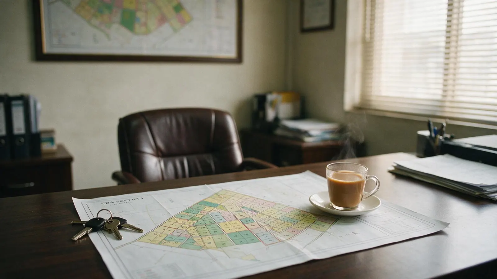 A real estate office desk with a CDA sector map