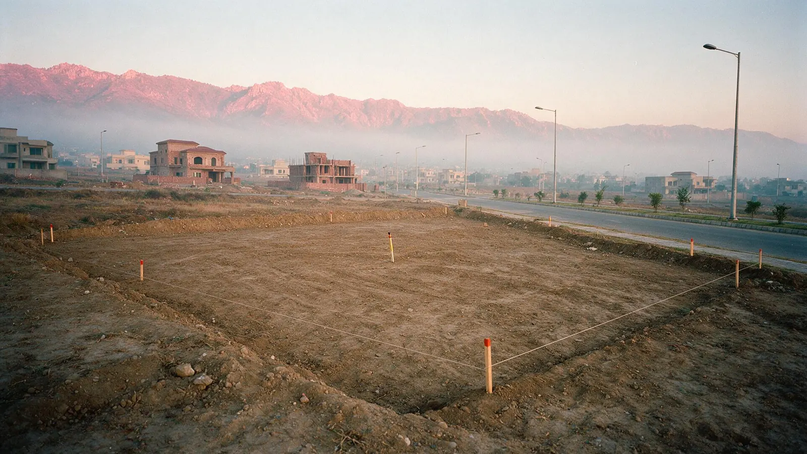 An empty plot in a new Islamabad sector at dawn